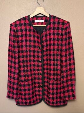 Preswick & Moore Vtg 90s Pink & Black Blazer Jacket, Gold/Black Buttons Size 14